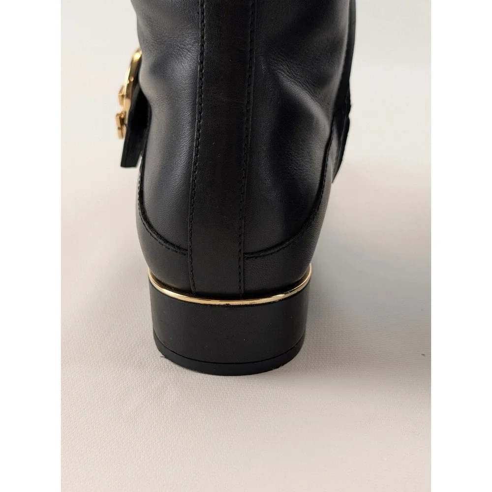 Tory Burch Womens Black Leather Riding Boots‎ Sz 7.5M Gold Logo Buckle Knee High